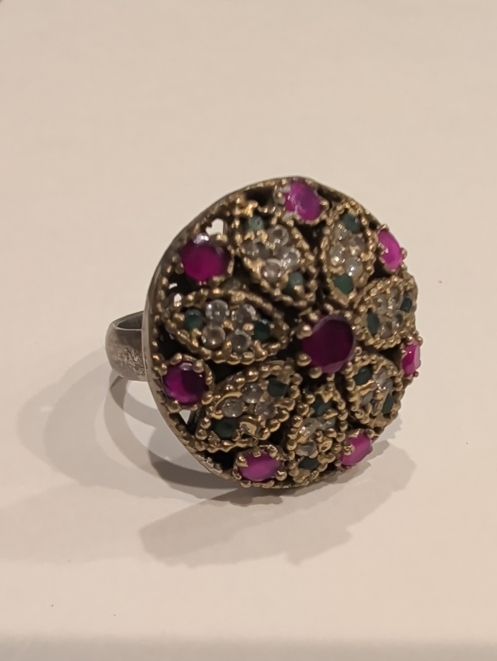 Vintage-Style Pink and Green Floral Turkish Statement Ring Size 6.5